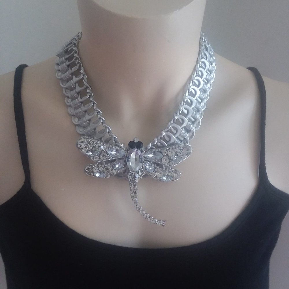 Dragonfly crystal/silver statement handmade recycled necklace OOAK